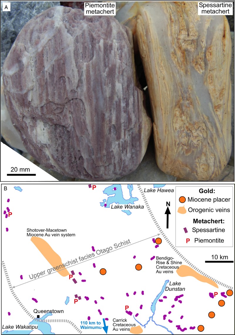 Figure 4 Otago Schist metachert. A, Large clasts of upper greenschist facies piemontite and spessartine metachert from the Waimumu Quartz Gravels at Waimumu Stream mine. B, Principal metachert localities in the core of the Otago Schist Belt (Fig. 1; partly after Turnbull Citation2000). Locations of nearby swarms of orogenic gold veins and remnants of Miocene gold-bearing quartz gravels are also indicated . Distance and direction to Waimumu are indicated with blue arrow.