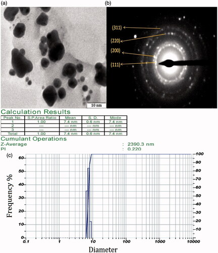 Figure 3. (a) TEM micrograph of IH-AgNPs at 10 nm; magnification X1,00,000; (b) SAED pattern of IH-AgNPs shows diffraction rings, and (c) DLS analysis showed particle size distribution, average particle size and poly dispersity index.