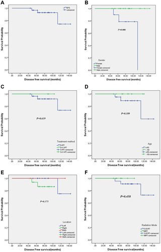 Figure 1 Kaplan–Meier curve of DFS for all patients or subgroups. (A) Kaplan–Meier curve of DFS for all patients (n = 32). (B) Kaplan–Meier curve of DFS based on sex. (C) Kaplan–Meier curve of DFS based on treatment protocol. (D) Kaplan–Meier curve of DFS based on age. (E) Kaplan–Meier curve of DFS based on tumor location. (F) Kaplan–Meier curve of DFS based on radiation mode.