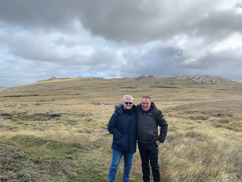 Figure 3. Scots guards veterans Jim Peters and John Lettrick. Tumbledown behind and to North (west to left).