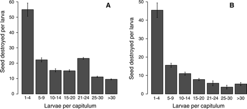 Figure 5  Seed destruction (mean±SEM) per larva of (A) Rhinocyllus conicus and (B) Urophora solstitialis at increasing larval density in experiment 2.