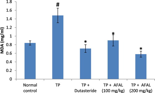 Figure 3. Effect of acetogenin-rich fraction of Annona muricata leaves (AFAL) on malondialdehyde (MDA) concentration in testosterone propionate (TP)-induced BPH in rats. Values are expressed as mean ± standard error of mean (n = 5). #Significant when compared to normal control (p < 0.05); *significant compared to TP control (p < 0.05).
