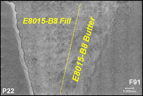 Figure 5. Example of a ferritic to ferritic DMW between P22 and P91 using E8015-B8 filler material as a buttering layer and E8105-B8 for the fill passes.