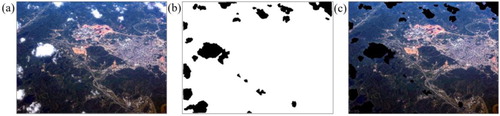 Figure 8. (a) VPARS image with cloud, (b) binary map of cloud masks, and (c) VPARS image with cloud masks.
