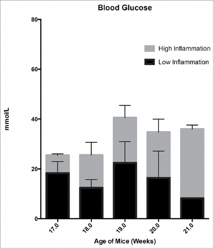 Figure 6. Blood glucose values (mean and SEM) of NOD mice with low and high degrees of inflammation. Blood glucose levels were assayed via weekly tail vein puncture between 17 and 21 weeks of age.