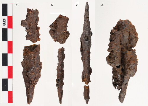 Fig 10 Ferrous finds from the wall trenches. (A) T28278:1, arrowhead from G13. (B) T28278:2, nail from G13. (C) T28476: 2, arrowhead from G18. (D) T28274: 1, probable iron nail from G9. Photograph by Stian Ingdahl, © NTNU University Museum.