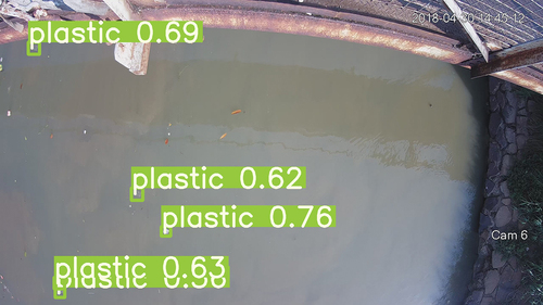 Figure 10. Sample image of floating plastic bottles in the environment, with floating macroplastic processed with the YOLOv7 algorithm.