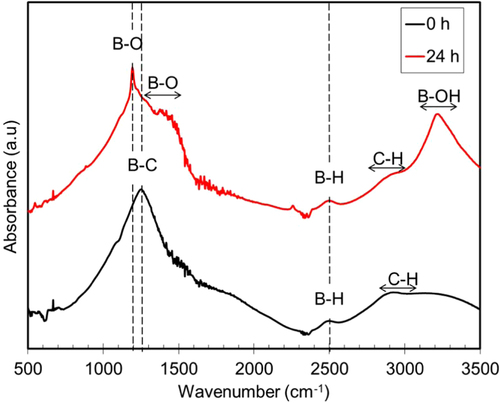Figure 4. IR spectra of a-BC:H film 0 and 24 h after exposure to humid condition (99% relative humidity).