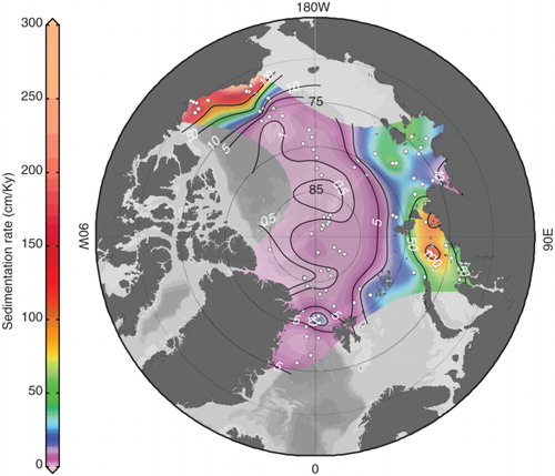 Fig. 5  Holocene sedimentation rates derived from 14C dated sediments and gridded in the Ocean Data View software package (www.odv.awi.de/). The linear sedimentation rates were calculated without using a 0 age assumption for the seafloor.