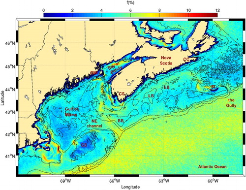 Fig. 7 Mean frontal frequency (1986–2010) for the Scotian Shelf, Gulf of Maine, and Bay of Fundy. The 50, 100, 200, and 1000 m isobaths are shown. Location of the Northeast Channel, Cape Canso (CC), Cape Sable (CS), the Gully, Sable (SI), and Grand Manan (GMI) islands, Lehave (LB) and Emerald (EB) basins, and Browns (BB) and Georges (GB) banks are shown.