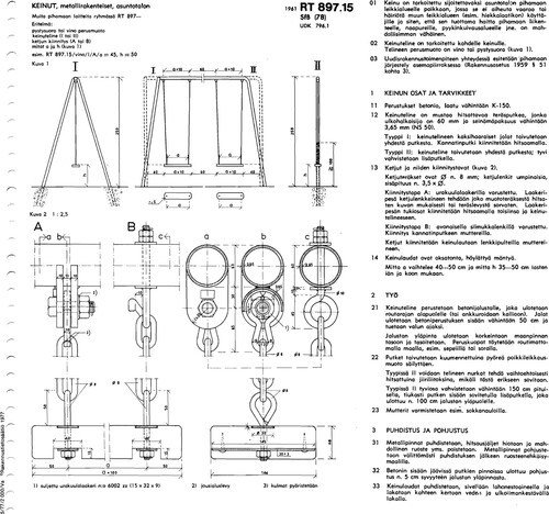 Figures 1–2. RT card on swings. RT 897.15, 1961. Keinut, metallirakenteiset, asuntotalon. [Metal swings in residential yards]. Rakennustietosäätiö RTS sr [Building Information Foundation RTS sr], Helsinki.