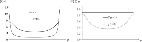 Figure 6. Boundary conditions for (a) direct problem (coefficient of heat exchange α on the boundary of the ring) and (b) inverse problem (temperature and density of heat flux on the outer boundary of the ring) in Example 1.