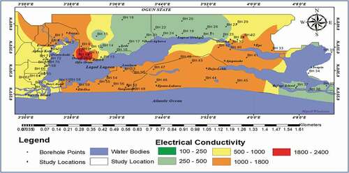 Figure 14. Electrical conductivity map of areas around the Lagos Lagoon