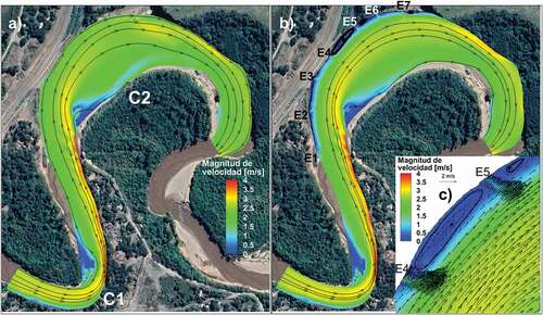 Figura 7. Magnitud de velocidades medias en la vertical para la condición de crecida modelada (571 m3/s) en ambas geometrías modeladas (a) sin y (b) con espigones y (c) detalle del campo de velocidades en Caso1 entre E4-E5