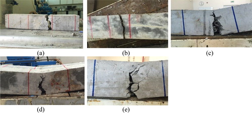 Figure 5. Failure modes of concrete under four-point bending (a) R0SF0, (b) R100SF0, (c) R100SF1, (d) R100SF2, (e) R100SF3.