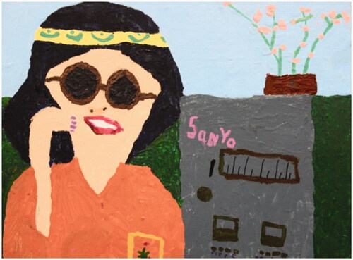 Caption: Artwork 8: Sanyo Listener.Image description: A painting of a person with black hair, light complected, with brown framed dark lens glasses wearing an orange shirt and a yellow and green headband. There is a delicate pink flower in a brown pot. In front of the plant here is a Sanyo boombox.