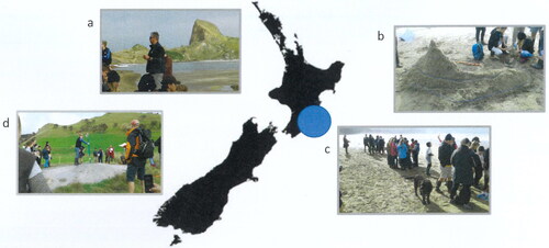 Figure 1. Map of New Zealand showing the Wairarapa region and Castlepoint. (a) Discussing the formation of shell cliffs at Castlepoint; (b) Understanding topography through models built with sand; (c) Discussing sea level rise at Castlepoint beach; (d) Testing salinity at Mangapakeha mud volcanoes (source of the map: Free Stencil Gallery, available at https://www.pinterest.nz/pin/598345500509821821/).