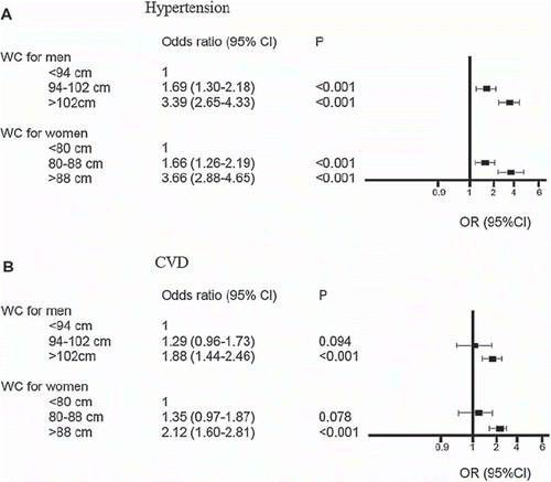 Figure 3. The age-adjusted odds ratios (ORs) for hypertension (A) and cardiovascular disease (CVD) (B) according to the National Cholesterol Education Program (NCEP)/International Diabetes Federation (IDF) criteria of abdominal obesity.