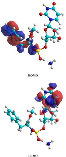 Figure 19. The isosurfaces of frontier molecular orbital density distributions for C19H27N4O10P molecule obtained using PM3 method.