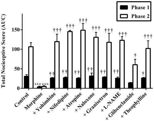Figure 8. Effect of pretreatment of mice with yohimbine (3 mg/kg, p.o.), nifedipine (10 mg/kg, p.o.), atropine (5 mg/kg, i.p.), naloxone (2 mg/kg i.p.), granisetron (2 mg/kg, p.o.), L-NAME (10 mg/kg, i.p), glibenclamide (8 mg/kg, p.o.) and theophylline (10 mg/kg, i.p.) on the total nociceptive scores of morphine (3 mg/kg, i.p.) in phase 1 and phase 2 of formalin-induced nociception. Each column represents the mean of five animals and the error bars indicate SEM. ***p < 0.001 compared to control group and †††p < 0.001, ††p < 0.01 and †p ≤ 0.05 compared to morphine-alone-treated group (one-way ANOVA followed by Newman–Keuls post hoc test).