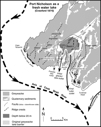Figure 11  Map showing features relating to the idea of Port Nicholson being a freshwater lake (compiled from information given in Crawford 1874, 1875a,b). Distribution of greywacke and Quaternary sediments after Begg and Johnston Citation2000).