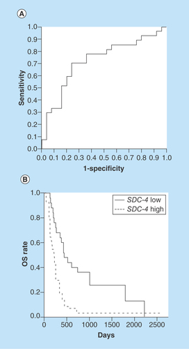 Figure 2.  SDC-4 is a prediction marker for overall survival.(A) AUC-maximized receiver operating characteristic curve was generated. Optimal cut-off value, 0.001 of SDC-4 relative expression levels (log2[1 + 2−ΔCT]) discriminates between long-term (OS ≥256 days) and short-term (OS <256 days) survivors, and SDC-4 expression levels in long-term survivors are ≤0.001. Statistical capabilities are 70.4% sensitivity, 76.0% specificity, 76.0% positive predictive value, 70.4% negative predictive value and 73.1% accuracy, and a Chi-square test shows a statistical significance (p < 0.001). All the 53 patients in the discovery and validation sets are included in this analysis. (B) Kaplan–Meier curves of OS (days) of patients with ≤0.001 (SDC-4 low) and >0.001 (SDC-4 high) of SDC-4-expression levels are shown. Comparison of OS between the two groups is performed using a two-sided log-rank test, and the difference in OS is statistically significant (p < 0.001). One-year OS rates were 64.0 and 18.5% in SDC-4-low and -high patients, respectively.OS: Overall survival.