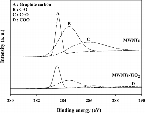 Figure 4. X-ray photoelectron spectra of MWNT and MWNT–TiO2.