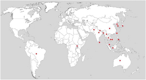 Figure 1. Global distribution of rice blast disease. Red spots indicate the countries with reports of rice blast