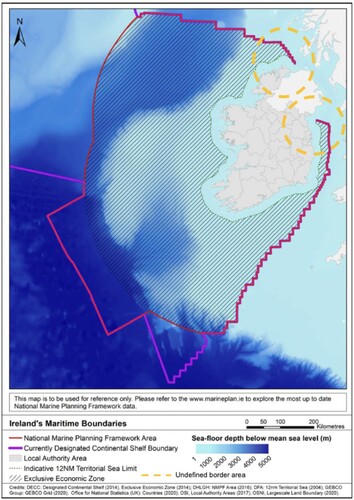 Figure 2. Republic of Ireland Marine Plan Area.Source: Adapted from DHLGH (Citation2021) to show the undefined border and contested area in dashed circles.
