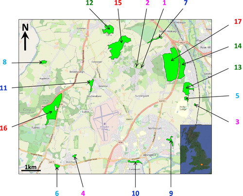 Figure 1. Map showing locations of sample woodlands, where woodlands are labelled 1–17 in order of increasing woodland area. Label colour indicates the area bin each woodland belongs to: bin 1 woodlands (1, 2, 3 and 4; 0.20 ha < A < 2.23 ha) are magenta, bin 2 woodlands (5, 6 and 8; 3.63 ha < A < 5.23 ha) are cyan, bin 3 woodlands (7, 9, 10 and 11; 4.69 ha < A < 9.46 ha) are blue, bin 4 woodlands (12, 13 and 14; 21.70 ha < A < 36.18 ha) are green, and bin 5 woodlands (15, 16 and 17; 71.30 ha < A < 120.38 ha) are red. Inset shows location of study site within UK (orange point). Base maps from Open Street Map and Google Satellite.