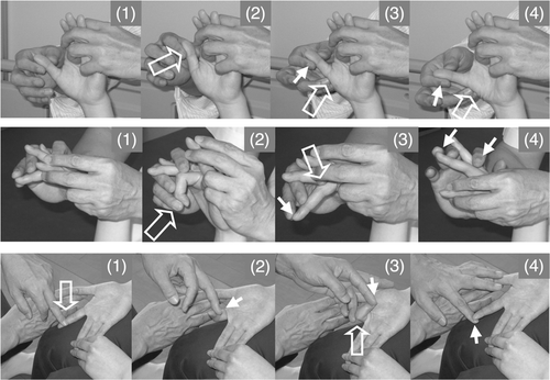 Figure 3. Volar abduction of the thumb, extension and extension/flexion of an isolated finger. (Upper row) To facilitate volar abduction of the thumb, the therapist held the thumb and second-to-fifth fingers of the patient (1), quickly pulled the thumb to achieve volar adduction (2), quickly tapped the radial side of the abductor pollicis brevis (3) and rubbed the muscle and applied slight resistance against finger volar abduction (4). (Middle row) To facilitate isolated extension of the middle finger, the therapist held the hand of the patient while keeping the patient's wrist flexed and fingers extended using his hands, placed his fingers on the MP joint, IP joint and nail of the middle finger (1), quickly pushed the nail to flex the middle finger (2), quickly pushed the finger proximal to the MP joint (3) and gave slight resistance against extension (4). (Lower row) To facilitate flexion/extension of the isolated finger, the therapist held the hand of the patient on the femur. The neighbouring fingers on both sides of the finger to be facilitated were held by the fingers of the therapist and by the patient. To facilitate flexion, the therapist quickly rubbed the finger from the proximal to distal position (1) and applied slight resistance against flexion (2). To facilitate extension of the finger, the therapist flexed the finger by the therapist's finger immediately after active finger flexion, flexed the MP joint (3) and applied slight resistance against finger extension (4). The open arrow and closed arrow indicate manipulation of the stretch reflex and light touch (resistance) to maintain the α–γ linkage, respectively.