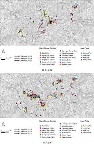 Figure 10. Spatial patterns of top 1% of OD flows in the Cluster 1 (a) C1-amp (b) C1-IP (c) C1-PMP.