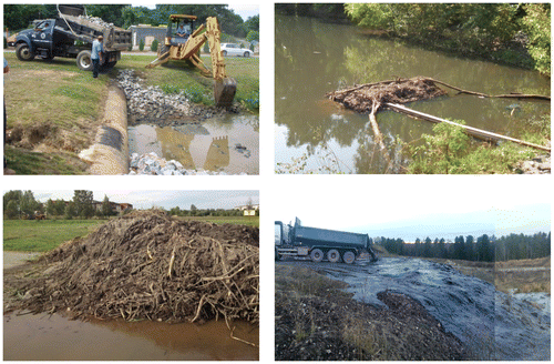 Figure 2. Common wet pond maintenance needs. Top left to right: forebay excavation; outlet/overflow clogging. Bottom left to right: Storage of sediment in the vicinity of the pond which is a risk for leaching of metals during de-watering/drying; disposal of dredged sediment at a landfill in Sweden.