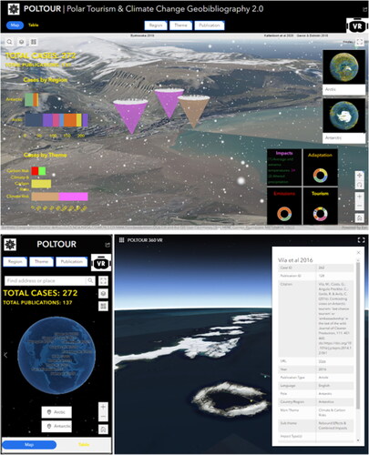 Figure 2. POLTOUR 2.0 (poltour.geo.umu.se) Web Experience map view zoomed in to Svalbard (top), mobile version (bottom left), and VR view for the South Shetland Islands (bottom right).