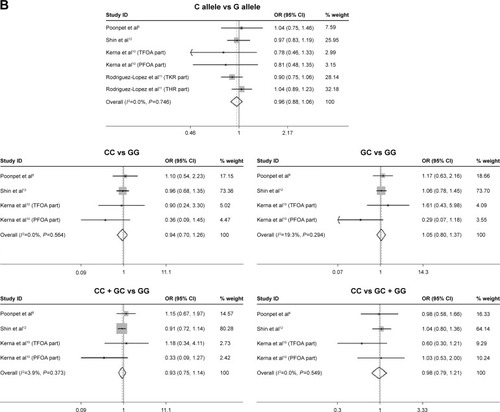 Figure 3 Forest plots of the analyses on the gender-dependent associations of OA susceptibility with rs3740199 polymorphism. (A) Different comparisons among males; (B) different comparisons among females.