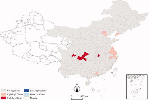 Figure 5 Local Moran’s cluster or outlier of LFDI distribution in China (2010).
