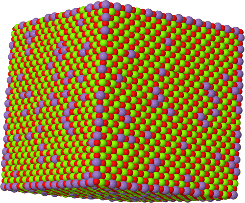 Figure 3 (Colour online) Structure of 21,952 ion nanoparticle containing 5% Mn2+ ions. The Mn2+ ions preferentially decorate corners, edges and faces. Mg2+, Mg2+ and O2– are coloured green, purple and red, respectively.