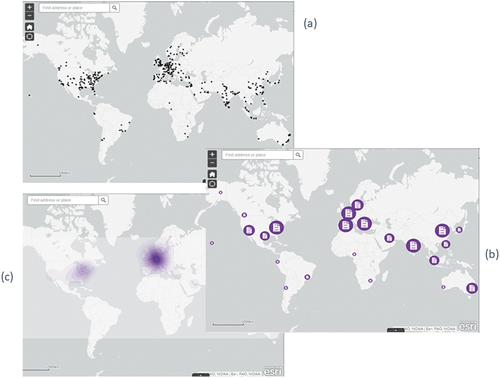 Figure 10. Spatial distribution of eligible articles portrayed with three maps: eligible articles – geolocation (a), eligible articles – aggregation (b), and research density (c).