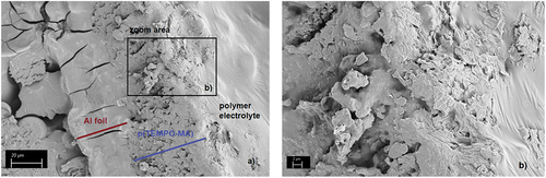 Figure 10. SEM images taken at a) the cross-section of the cathode p(TEMPO-MA) penetrated with PEL, b) zoom-in.