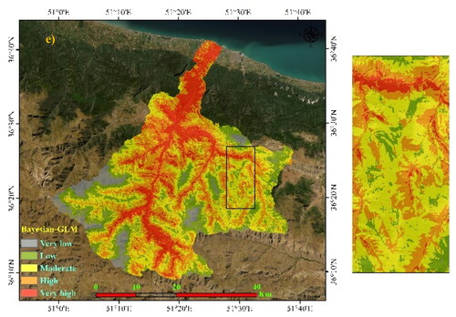 Figure 5. Forest fire susceptibility using five algorithms: a) GLM, b) PLS-GLM, c) Boosted-GLM, d) Bagging-GLM, and e) Bayesian-GLM.