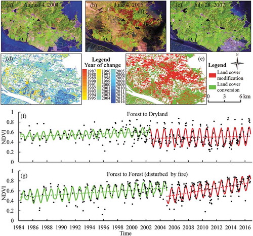 Figure 4. Examples of land-cover changes in the forest ecosystem of Site 3 shown in Figure 1. (a)–(c) show the color composites (shortwave infrared, near-infrared, and red spectral bands) from Landsat in typical years. (d) and (e) show the years in which the latest changes occurred, and LCC and LCM. (f) and (g) are the observed NDVI and fitted NDVI using a time-series model for general LCC and LCM in the forest ecosystem based on 3 × 3 pixels. Locations of (f) and (g) are shown in (b).