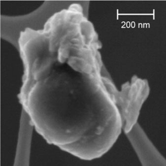 Fig. 7 FESEM image of a composite pure carbon nanoparticle of a sphere resting on a platy substrate (D08-029) collected by DUSTER.