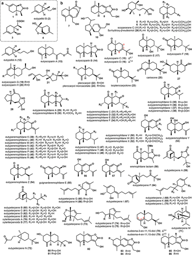 Figure 1. Chemical structures of monoterpenes (a) and sesquiterpenes (b) from the family Diatrypaceae.