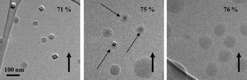 FIG. 8 ∼ 40 nm NaCl particles as the RH was increased past the deliquescence point. The thin arrows highlight water uptake prior to full deliquescence. The particles were prepared using the VCAG method and were deposited on an ultra-thin carbon film with a holey-carbon support film.