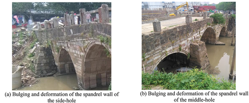 Figure 16. Current situation of the spandrel walls. (a) Bulging and deformation of the spandrel wall of the side-hole. (b) Bulging and deformation of the spandrel wall of the middle-hole.