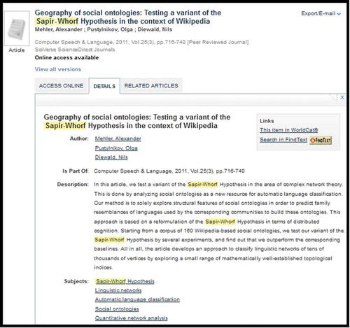 Figure 4 Onesearch record, Details tab, author and subject links, WorldCat link.