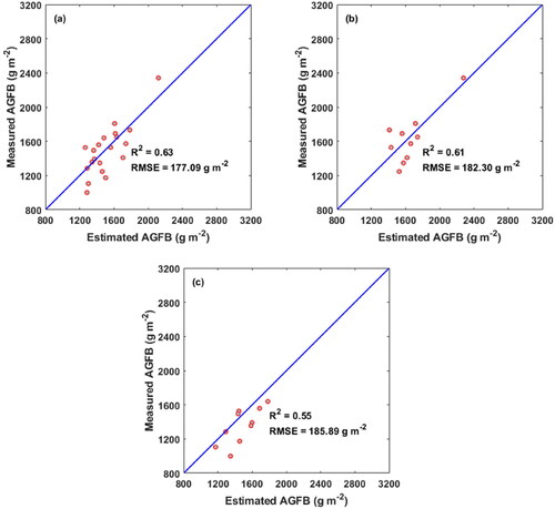 Figure 11. Scattergrams of measured versus estimated AGFB using the recommended FDR-RR-VIs-SMLR model with the combined validation dataset (a), separate validation datasets of S1 site (b) and S2 site (c).
