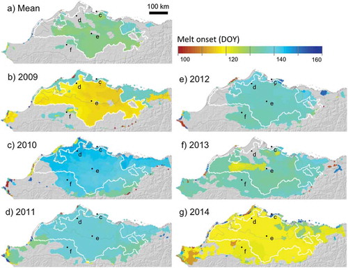Figure 7. Day of year (DOY) of melt onset detected from ASCAT V-pol daily backscatter: the 2009–2014 mean (a) and melt maps for 2009 (b), 2010 (c), 2011 (d), 2012 (e), 2013 (f), and 2014 (g). The white line outlines the area with consistent results between the two datasets. The gray line represents the boundary between the ecoregions (Brooks Foothills and Beaufort Coastal Plain). Example PCMN stations are indicated for references (black points, see Figure 1).