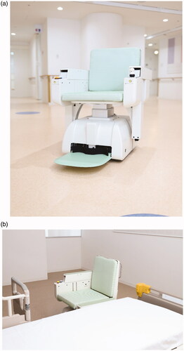 Figure 1. Latest lateral transfer assist robot. a) Oblique front view of the lateral transfer assist robot (LTAR). The joystick is placed in the armrest on the left side and can be placed on the right side depending on the user’s preference. b) The preparatory state of the LTAR before transfer. When the armrest covers are closed on the transfer side prior to the transfer, the height of the seat and armrest increase or decreases until it is at the same height as the transfer surfaces. At the same time, the footrest moves down to lie flat at the floor level.