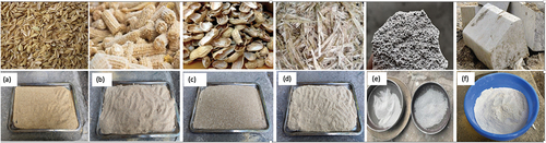 Figure 1. Image of testing Additives: (a) rice husk powder_RHP; (b) corn core powder_CCP; (c) peanut shell powder_PSP; (d) sugarcane bagasse powder_SBP; (e) autoclaved aerated concrete_AAC and (f) stone powder_SP.